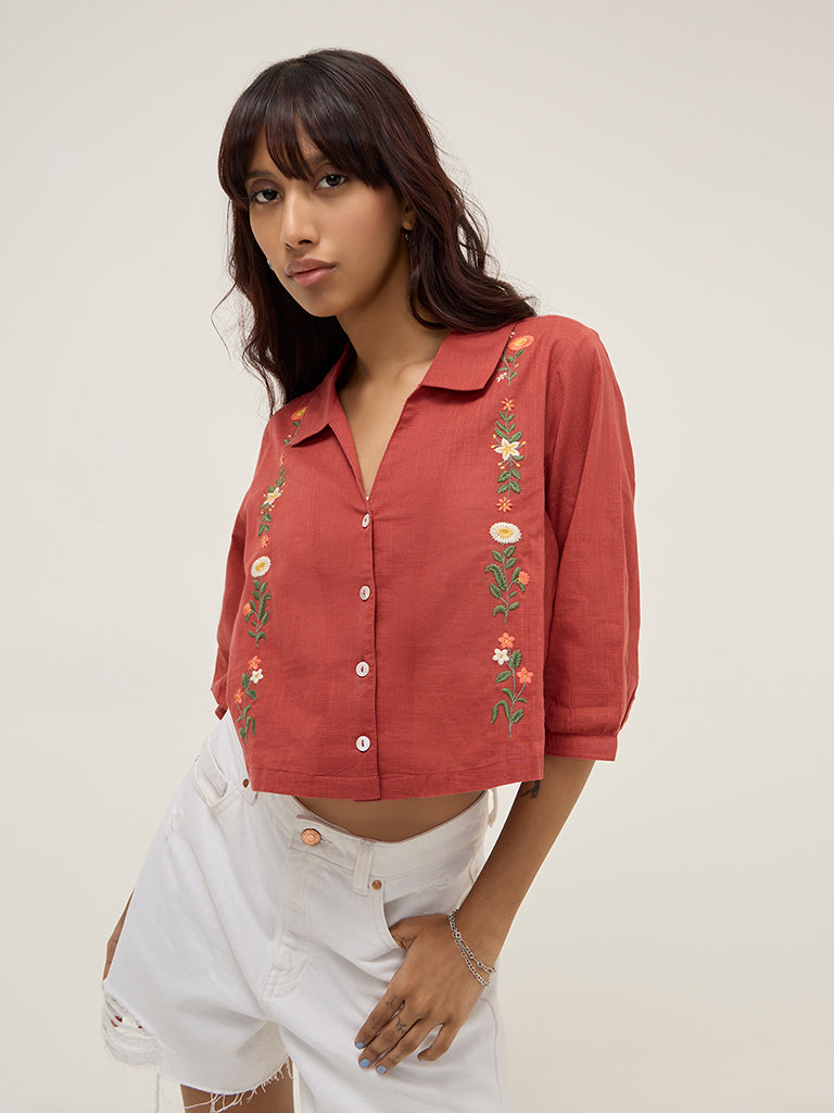 Bombay Paisley Rust Floral Embroidered Cotton-Blend Shirt