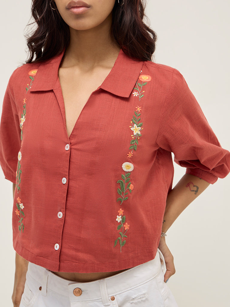 Bombay Paisley Rust Floral Embroidered Cotton-Blend Shirt - Image 2