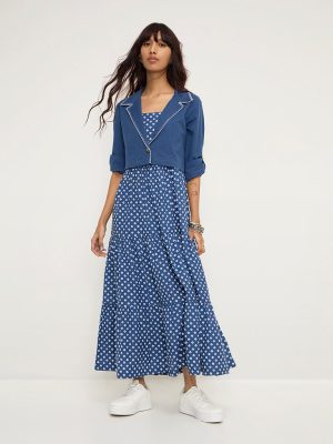 Bombay Paisley Blue Bandhani Cotton-Blend Tiered Dress with Jacket