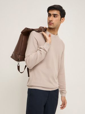 WES Formals Beige Knitted Slim-Fit Sweater