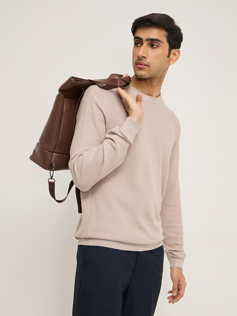 WES Formals Beige Knitted Slim-Fit Sweater