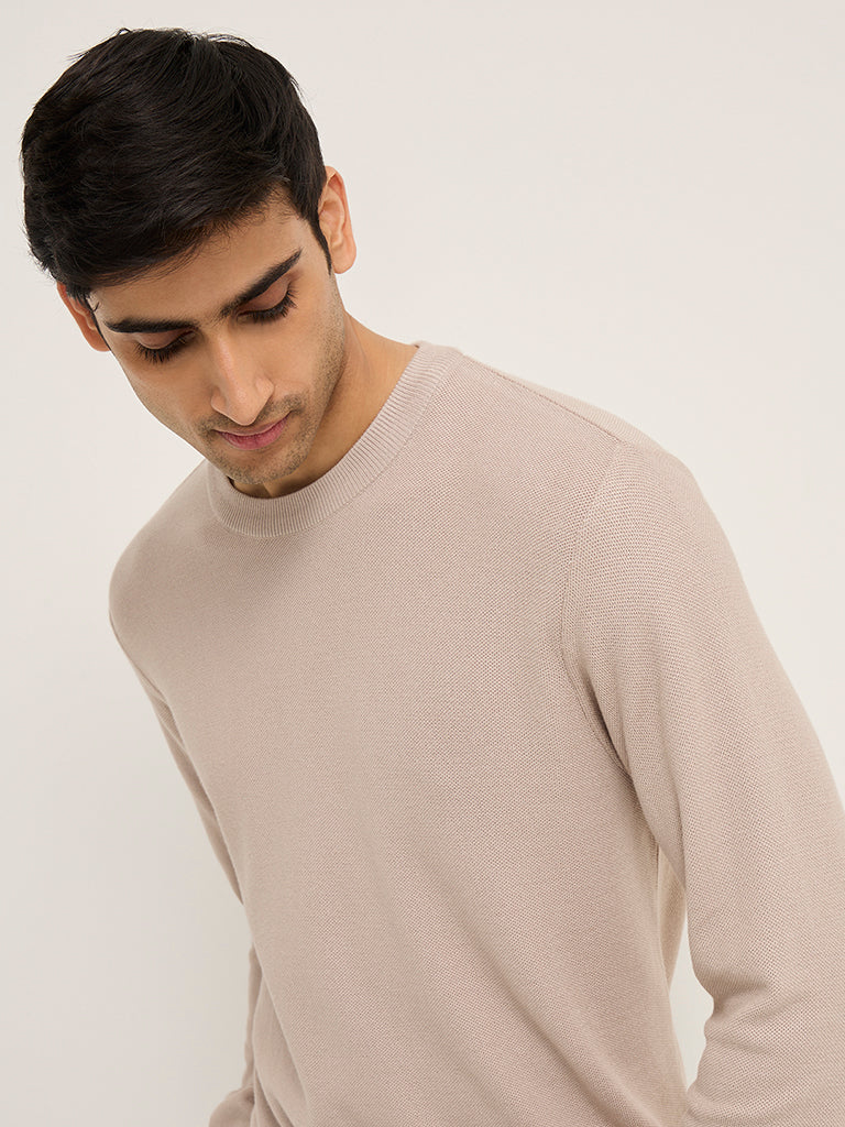WES Formals Beige Knitted Slim-Fit Sweater - Image 3