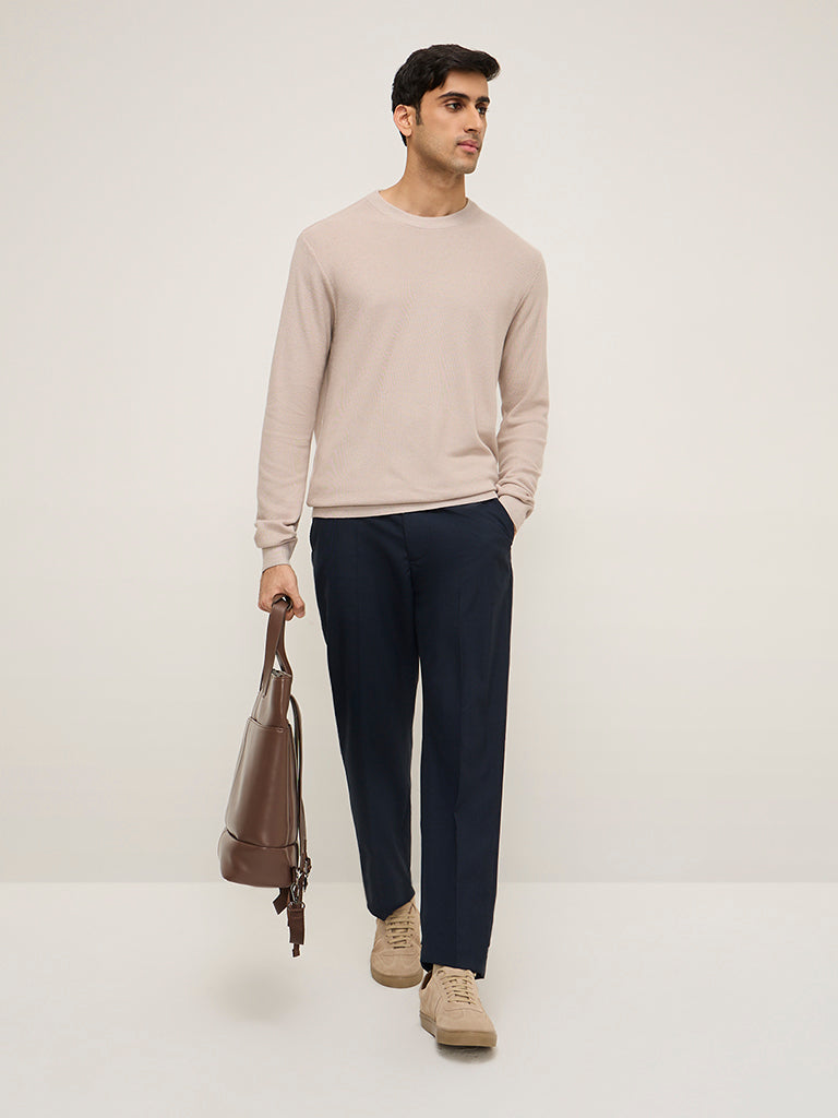 WES Formals Beige Knitted Slim-Fit Sweater - Image 4