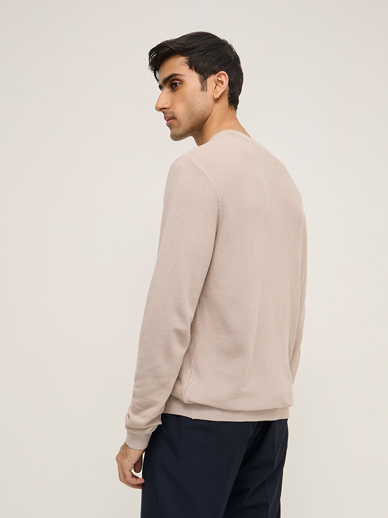 WES Formals Beige Knitted Slim-Fit Sweater - Image 5