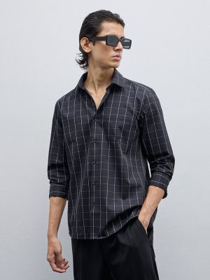 WES Formals Black Checkered Slim-Fit Cotton Shirt