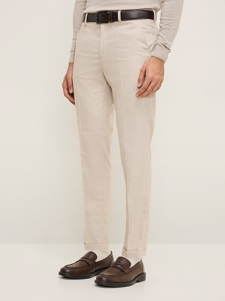 WES Formals Beige Checkered Carrot-Fit Mid-Rise Trousers - Image 3