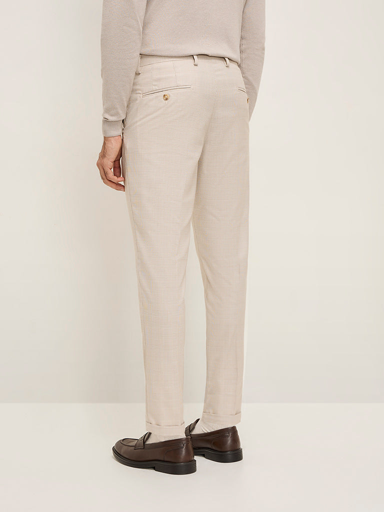 WES Formals Beige Checkered Carrot-Fit Mid-Rise Trousers - Image 4