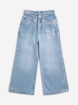 Y&F Kids Light Blue Foil-Detailed Relaxed-Fit High-Rise Jeans
