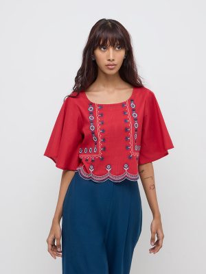 Bombay Paisley Red Embroidered Cotton Top