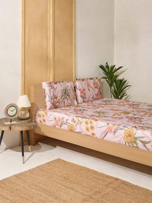 Westside Home Pink Floral Printed King Bed Flat Sheet and Pillowcase Set