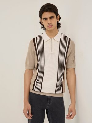 Ascot Taupe Colour-Blocked Quarter Zip Polo T-Shirt