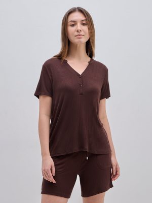 Wunderlove Dark Brown Ribbed Cotton-Blend Top