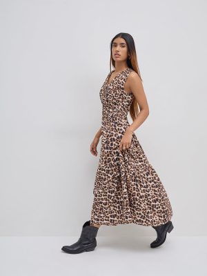 LOV Brown Leopard Printed Cotton Tiered Dress