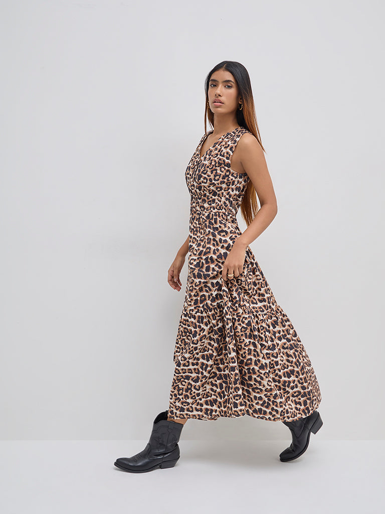 LOV Brown Leopard Printed Cotton Tiered Dress