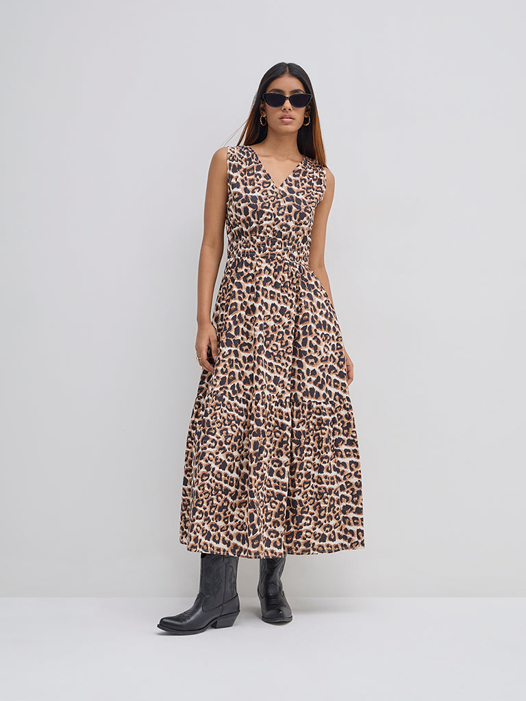 LOV Brown Leopard Printed Cotton Tiered Dress - Image 3