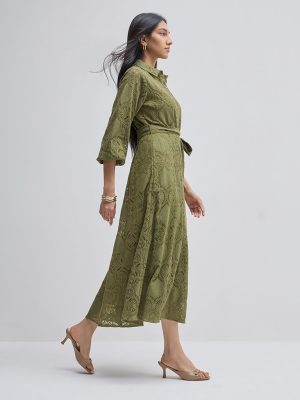 LOV Olive Schiffli Cotton Shirt Dress with Belt