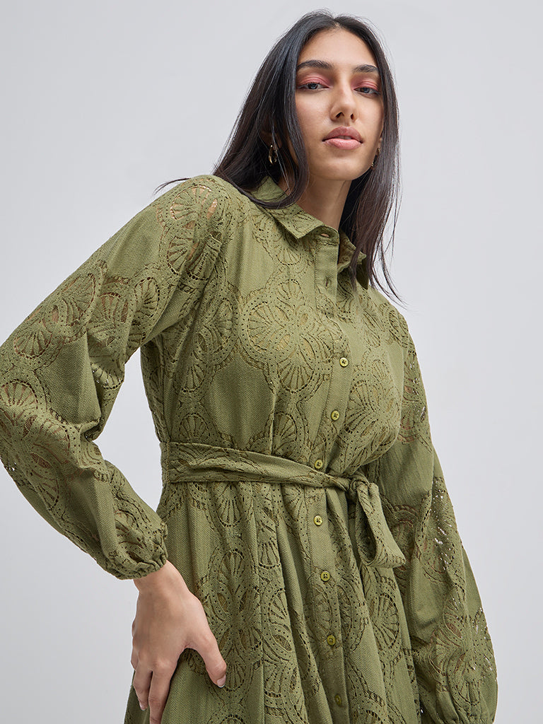 LOV Olive Schiffli Cotton Shirt Dress with Belt - Image 2
