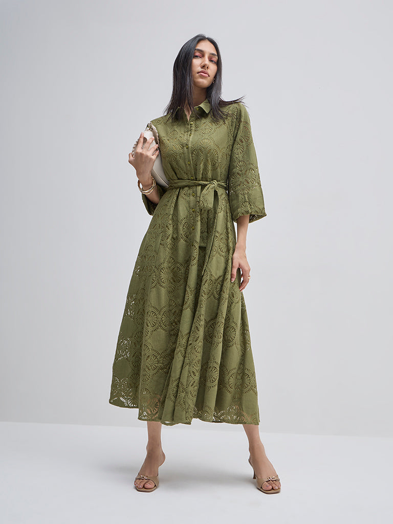 LOV Olive Schiffli Cotton Shirt Dress with Belt - Image 3