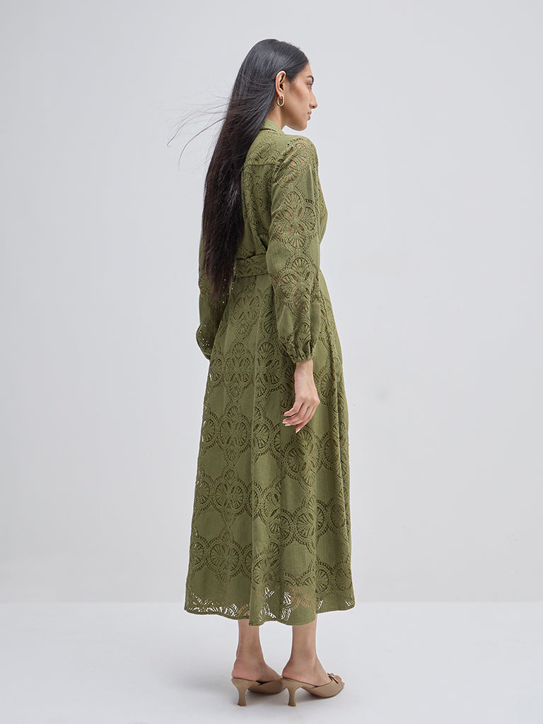 LOV Olive Schiffli Cotton Shirt Dress with Belt - Image 4