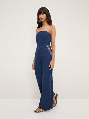 Bombay Paisley Navy Floral Printed Cotton-Blend Jumpsuit