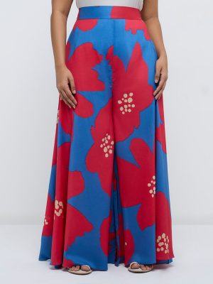 Diza Blue Floral Printed High-Rise Palazzos