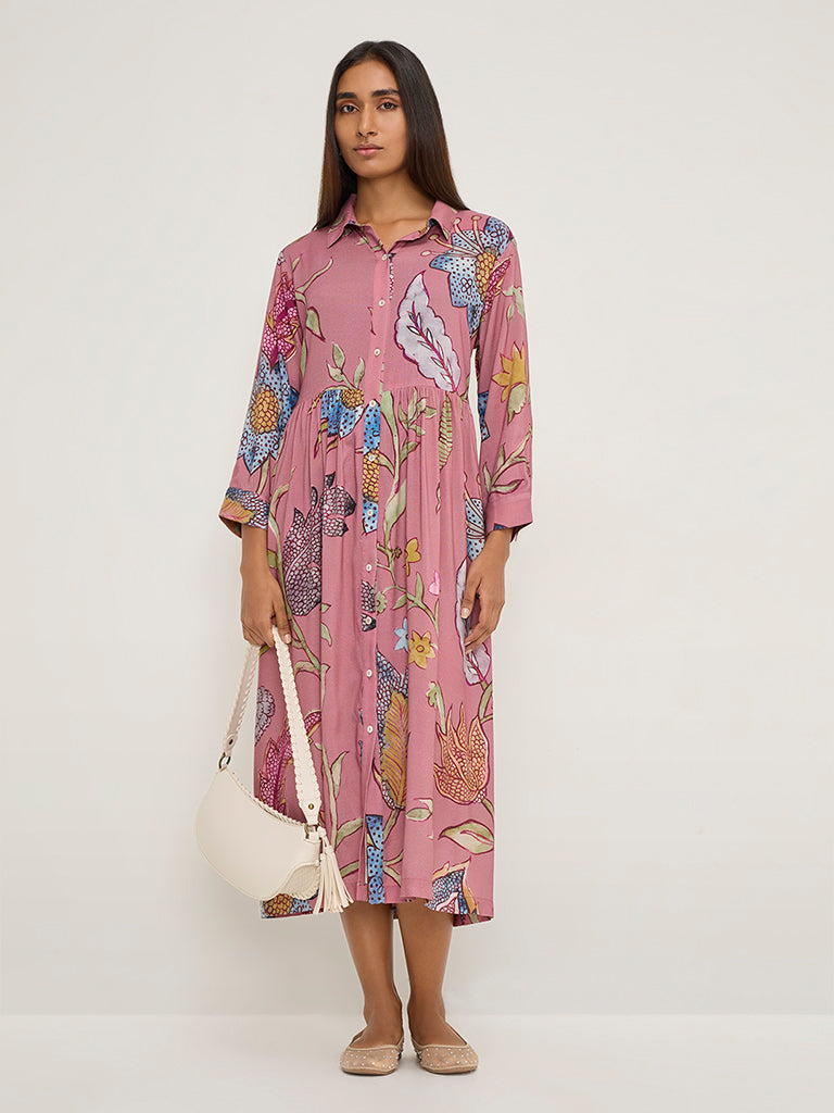 Utsa Dusty Pink Botanical Printed Shirt Dress - Image 3