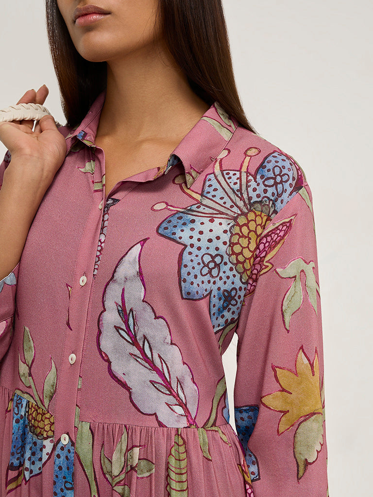 Utsa Dusty Pink Botanical Printed Shirt Dress - Image 2