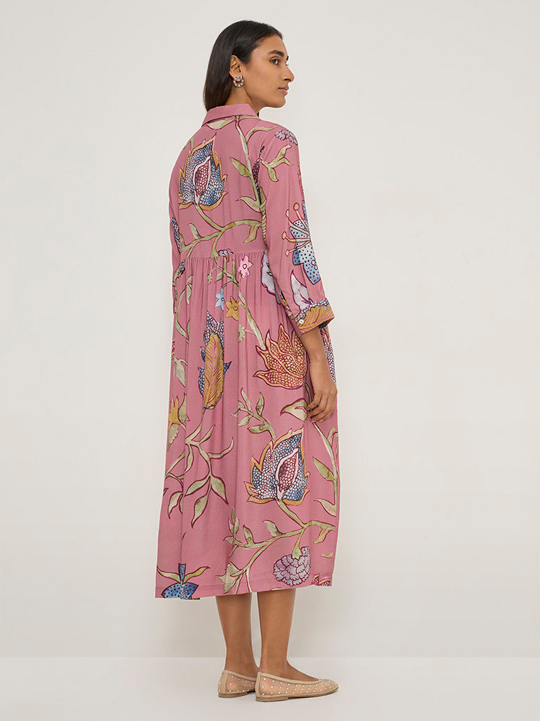 Utsa Dusty Pink Botanical Printed Shirt Dress - Image 4