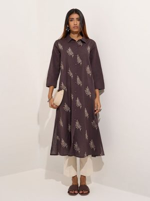 Utsa Charcoal Leaf Embroidered Cotton A-Line Kurta