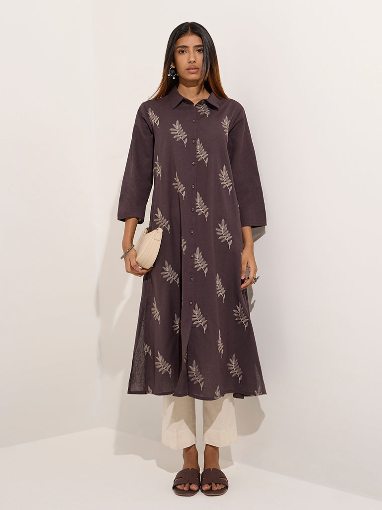Utsa Charcoal Leaf Embroidered Cotton A-Line Kurta