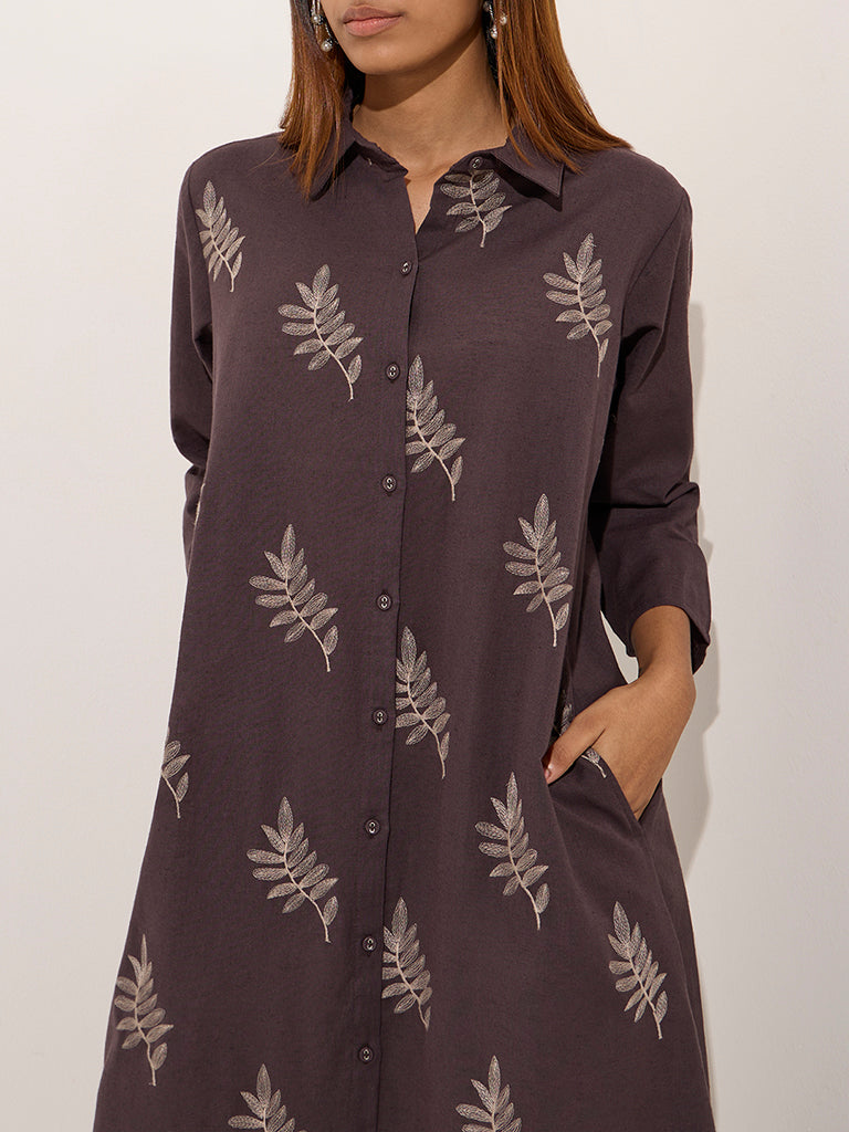Utsa Charcoal Leaf Embroidered Cotton A-Line Kurta - Image 3