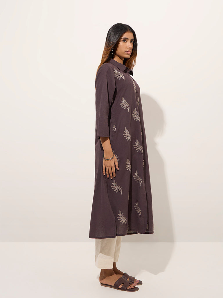 Utsa Charcoal Leaf Embroidered Cotton A-Line Kurta - Image 4