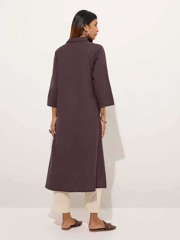 Utsa Charcoal Leaf Embroidered Cotton A-Line Kurta - Image 5