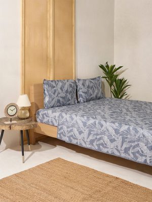 Westside Home Dusty Blue Foliage Print Reversible Quilted Queen Bed Comforter