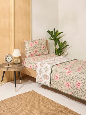 Westside Home Beige Floral Patterned Reversible Quilted Single Bed Comforter