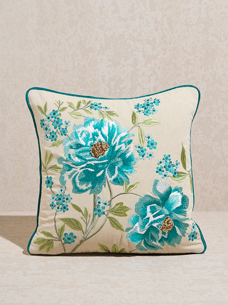 Westside Home Aqua Floral Embroidered Cushion Cover