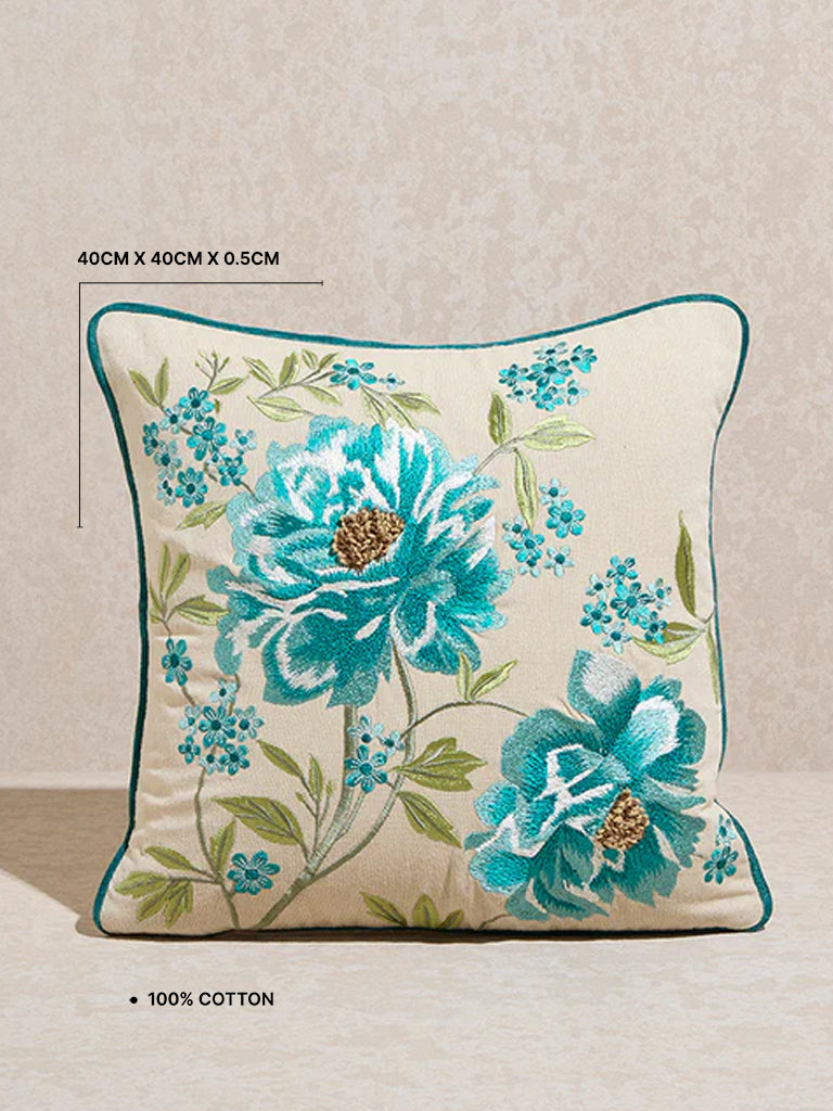 Westside Home Aqua Floral Embroidered Cushion Cover - Image 3