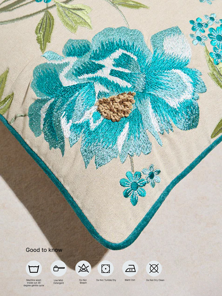 Westside Home Aqua Floral Embroidered Cushion Cover - Image 5
