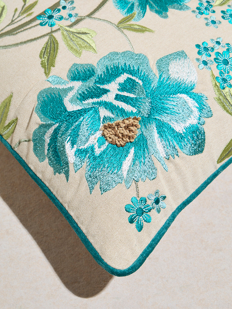 Westside Home Aqua Floral Embroidered Cushion Cover - Image 4