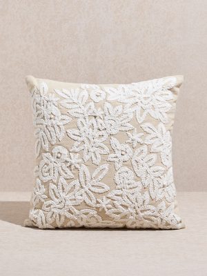 Westside Home Beige Floral Embroidered Cushion Cover