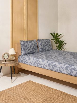 Westside Home Dusty Blue Leaf Printed Queen Bed Flat Sheet and Pillowcase Set