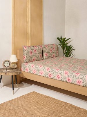 Westside Home Beige Floral Design King Bed Fitted Sheet and Pillowcase Set
