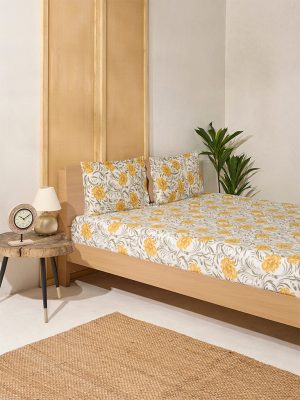 Westside Home Yellow Floral Printed King Bed Flat Sheet and Pillowcase Set