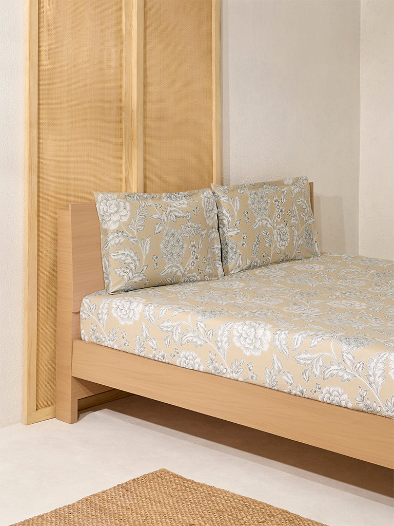 Westside Home Beige Printed King Bed Fitted Sheet and Pillowcase Set - Image 2