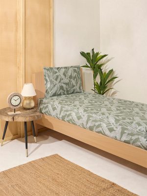 Westside Home Sage Leaf Pattern Single Bed Fitted Sheet and Pillowcase Set