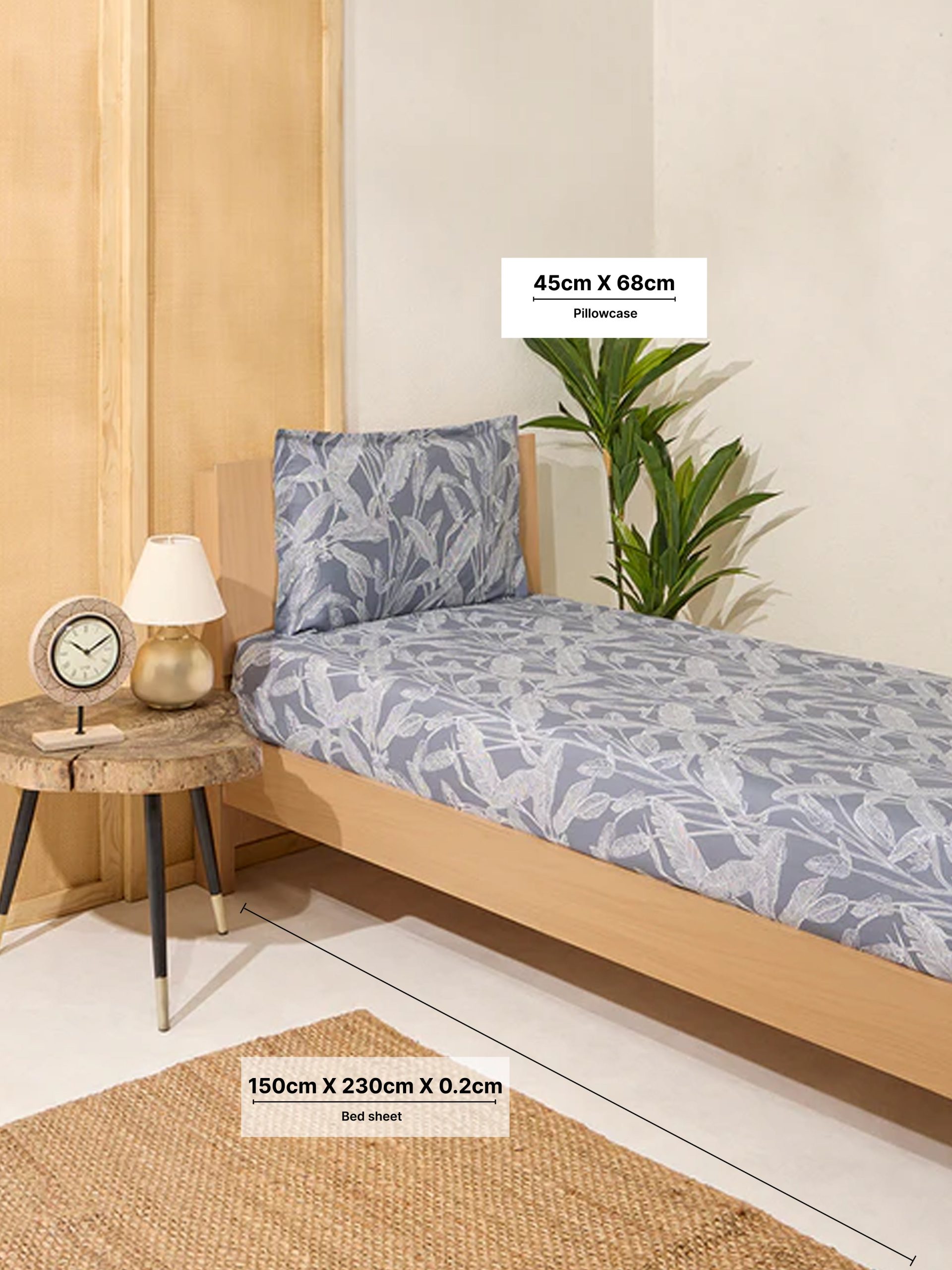 Westside Home Dusty Blue Leaf Printed Single Bed Flat Sheet and Pillowcase Set - Image 4