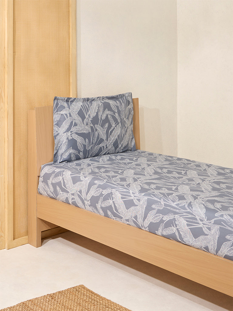 Westside Home Dusty Blue Leaf Printed Single Bed Flat Sheet and Pillowcase Set - Image 2