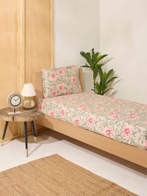 Westside Home Beige Foliage Design Single Bed Fitted Sheet and Pillowcase Set