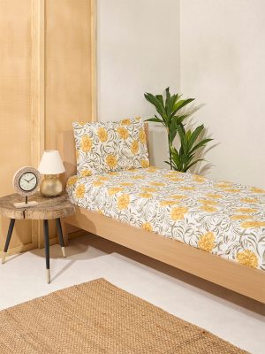 Westside Home Yellow Floral Printed Single Bed Flat Sheet and Pillowcase Set