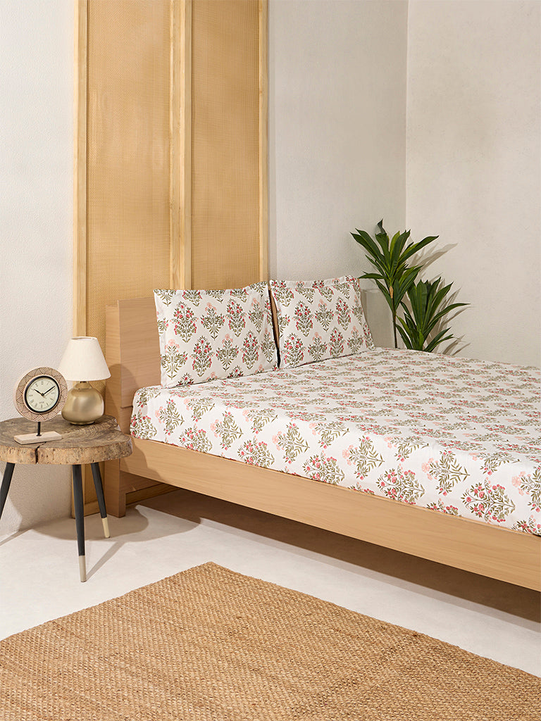 Westside Home Pink Floral Butta Queen Bed Flat Sheet and Pillowcase Set